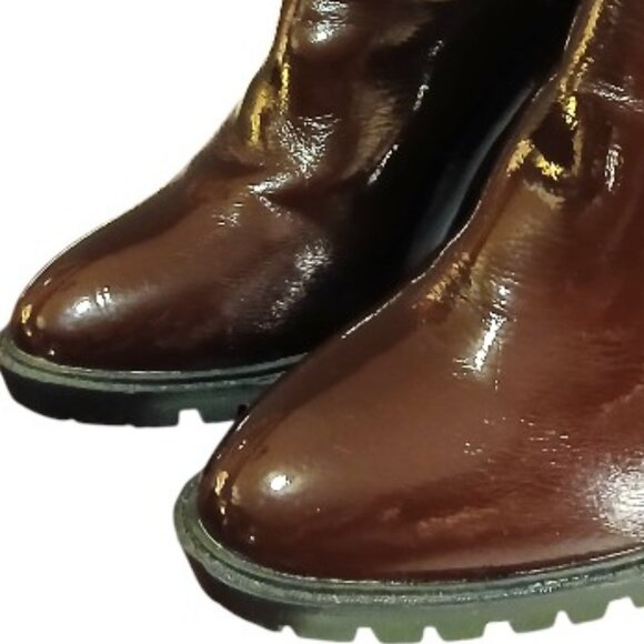EUC FASHION NOVA Glossy Maroon Leather Lug Sole Platform Heeled Boots - Picture 7 of 16